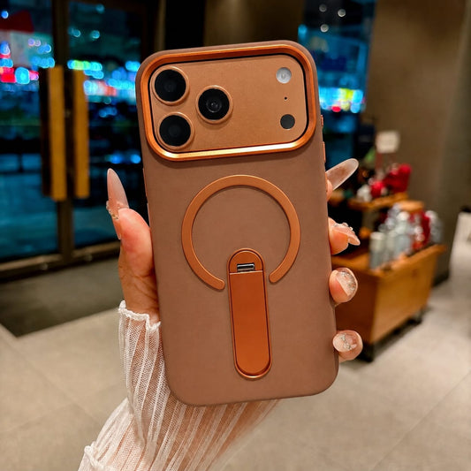 Premium PU Leather Kickstand Magnetic Case Compatible with IPhone 17 Pro | BROWN