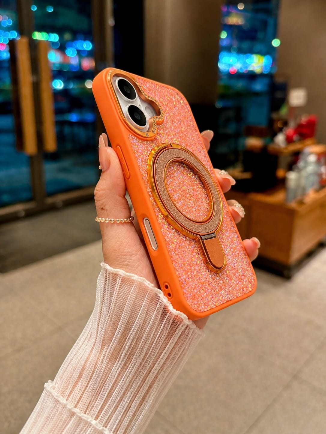 Luxury Crystal Magnetic Kickstand Case Compatible with IPhone 17 (ORANGE)