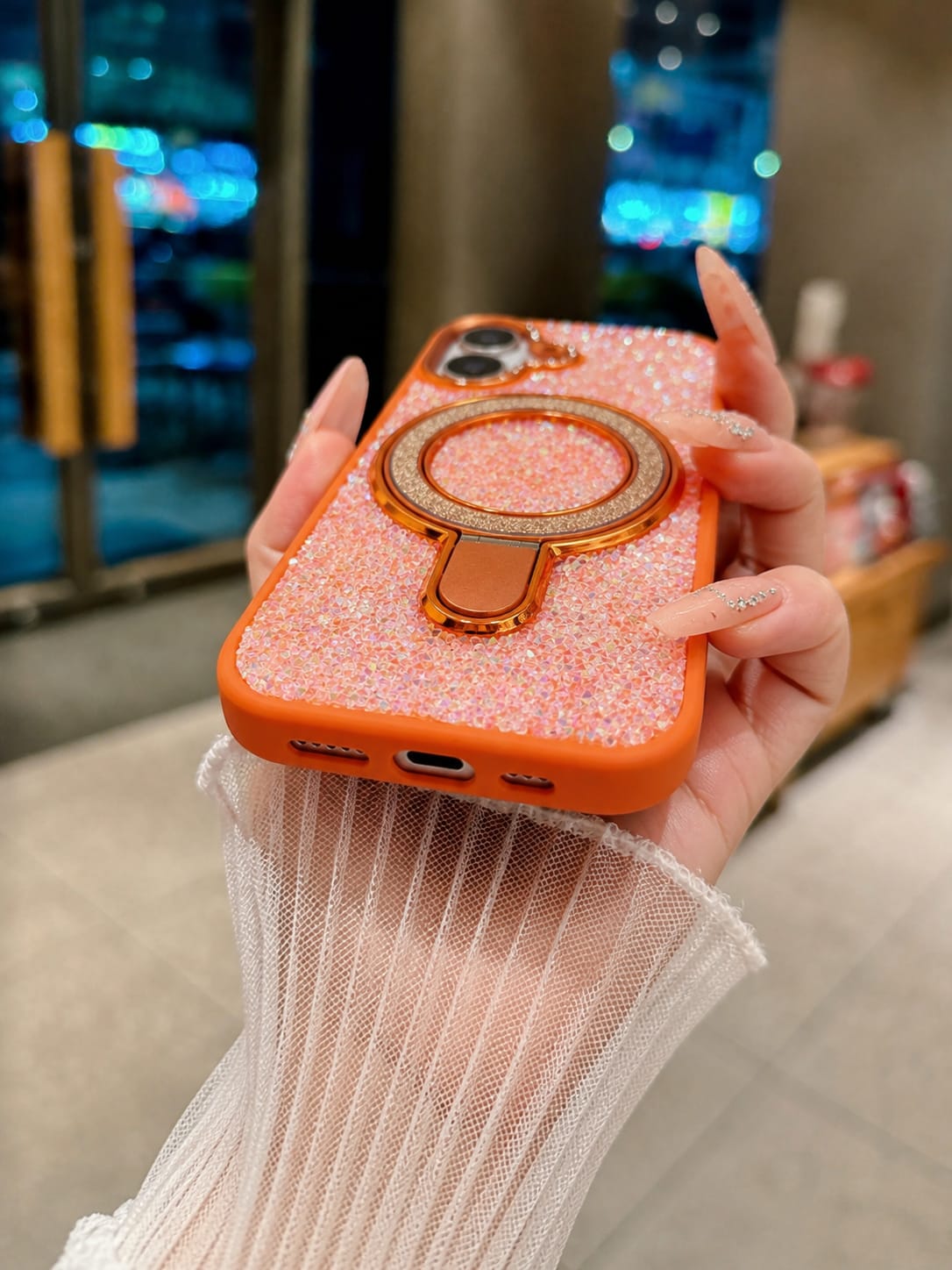 Luxury Crystal Magnetic Kickstand Case Compatible with IPhone 17 (ORANGE)