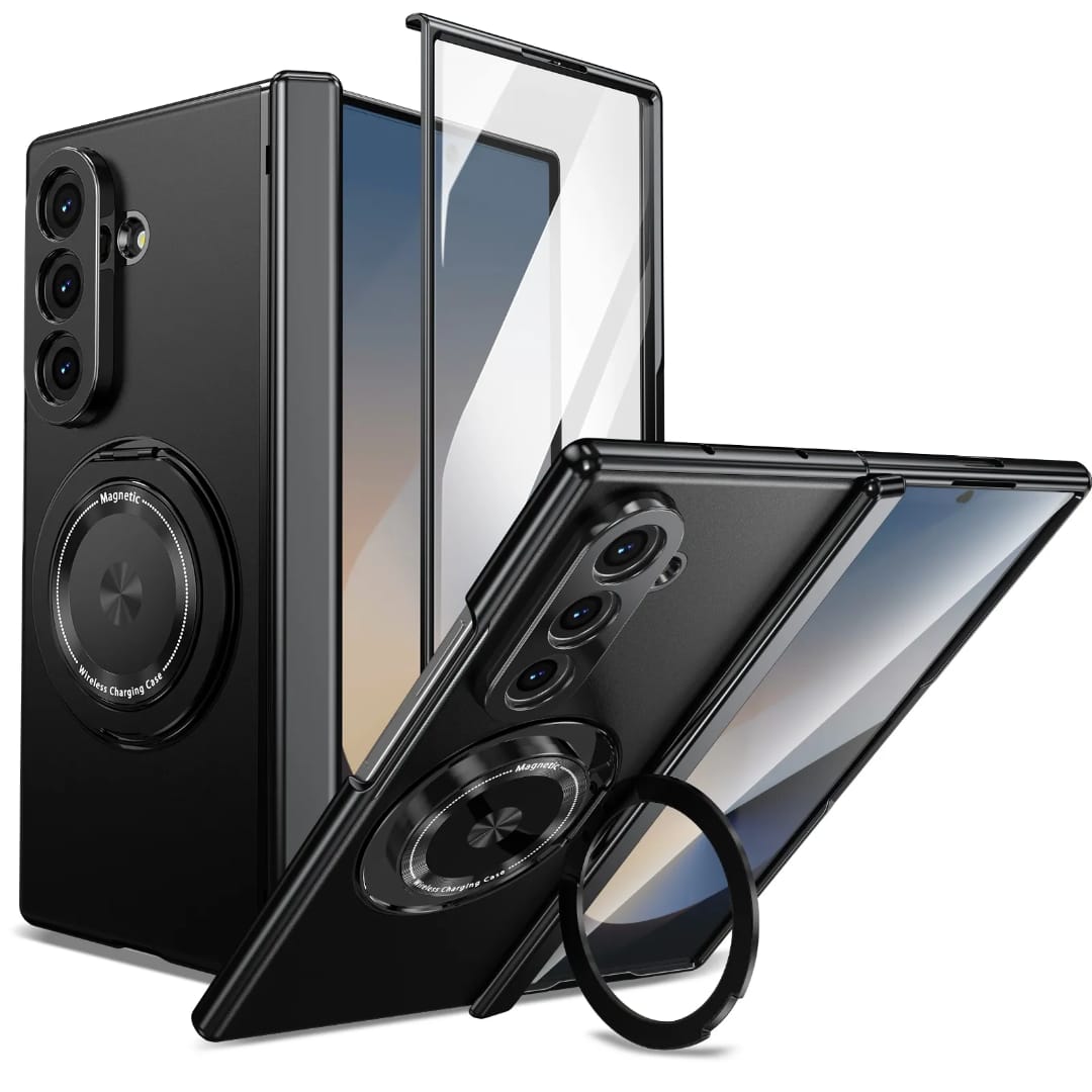 Compatible with Samsung Galaxy Z Fold 7 Magnetic Magsafe Case with 360° Ring Holder & Hinge Protection | BLACK