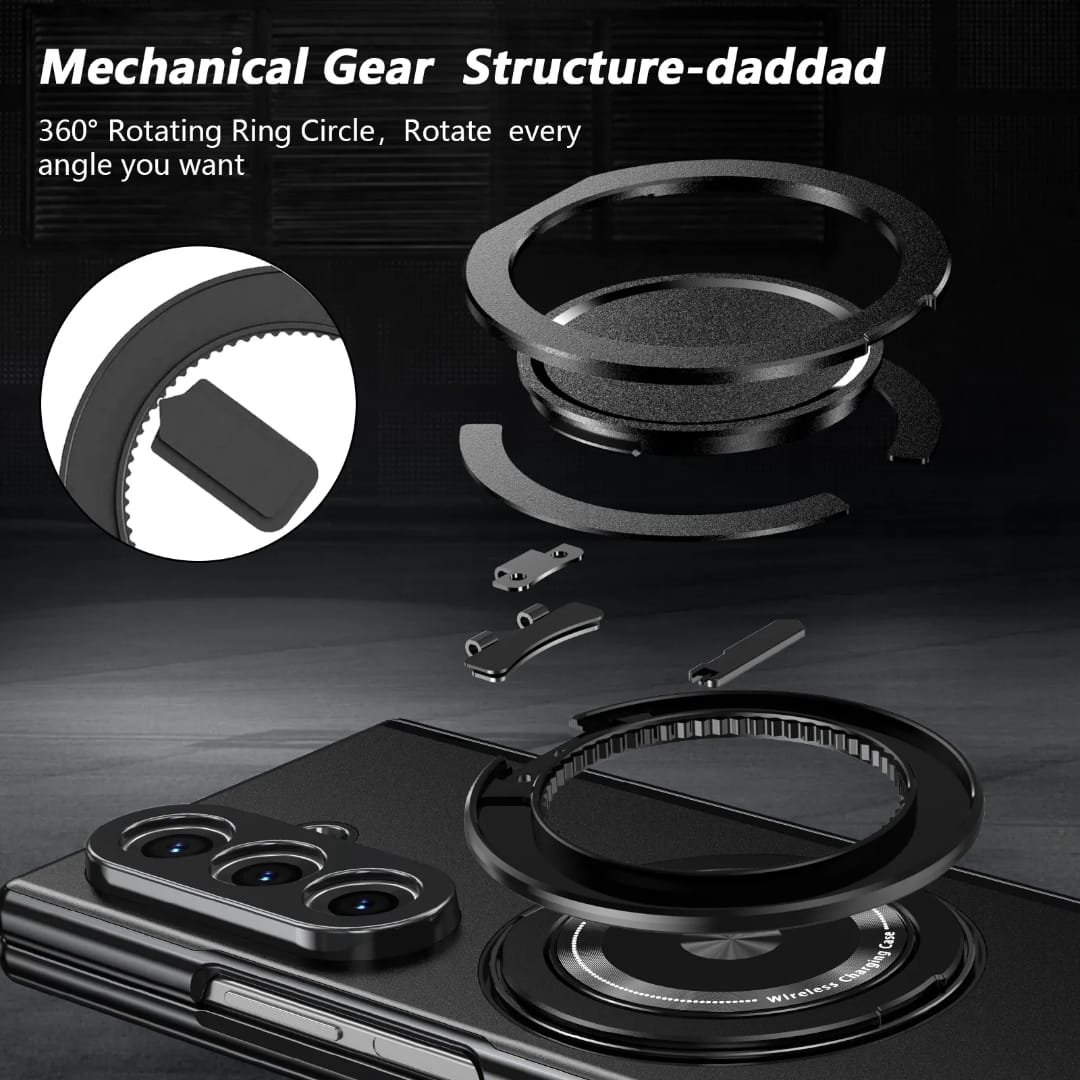 Compatible with Samsung Galaxy Z Fold 6 Magnetic Magsafe Case with 360° Ring Holder & Hinge Protection | BLACK