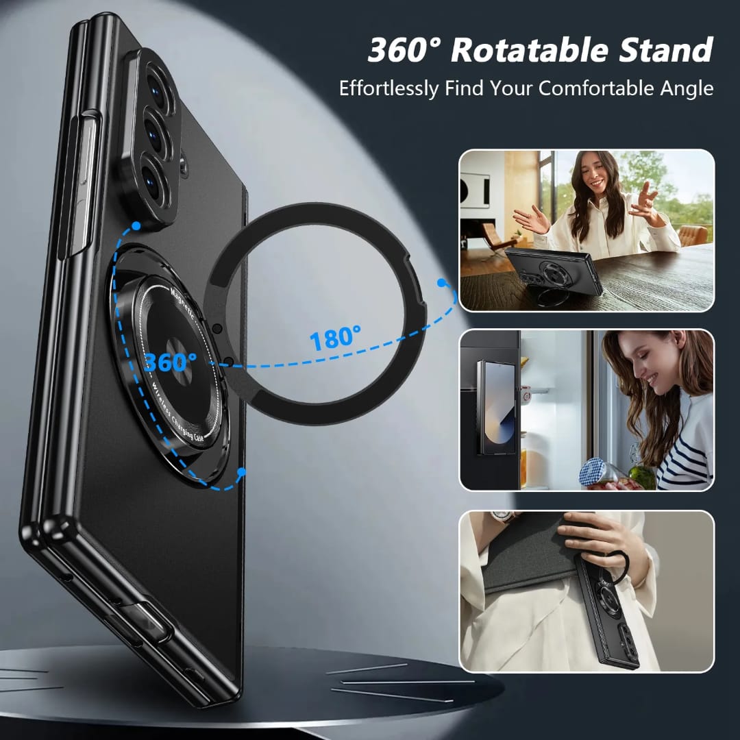Compatible with Samsung Galaxy Z Fold 5 Magnetic Case with 360° Ring Holder & Hinge Protection | BLACK
