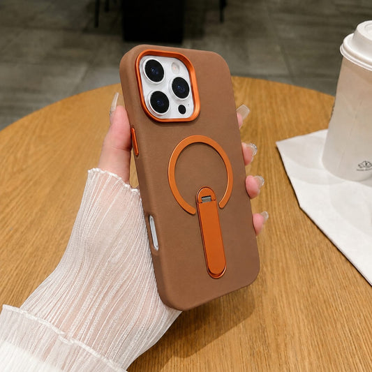 Premium PU Leather Kickstand Magnetic Case Compatible with IPhone 16 Pro | BROWN