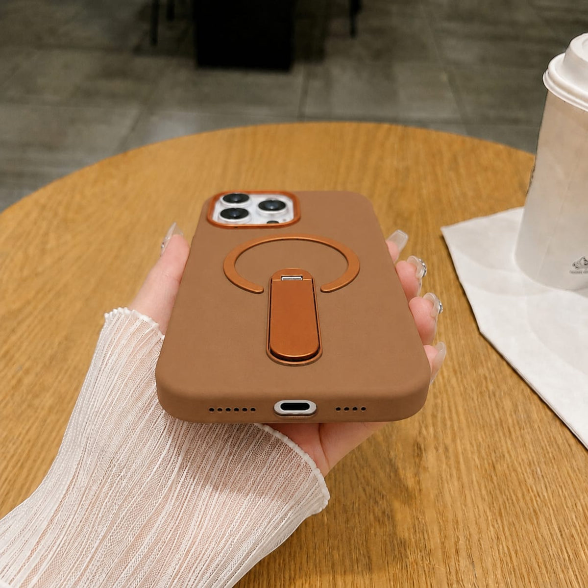 Premium PU Leather Kickstand Magnetic Case Compatible with IPhone 15 Pro Max | BROWN