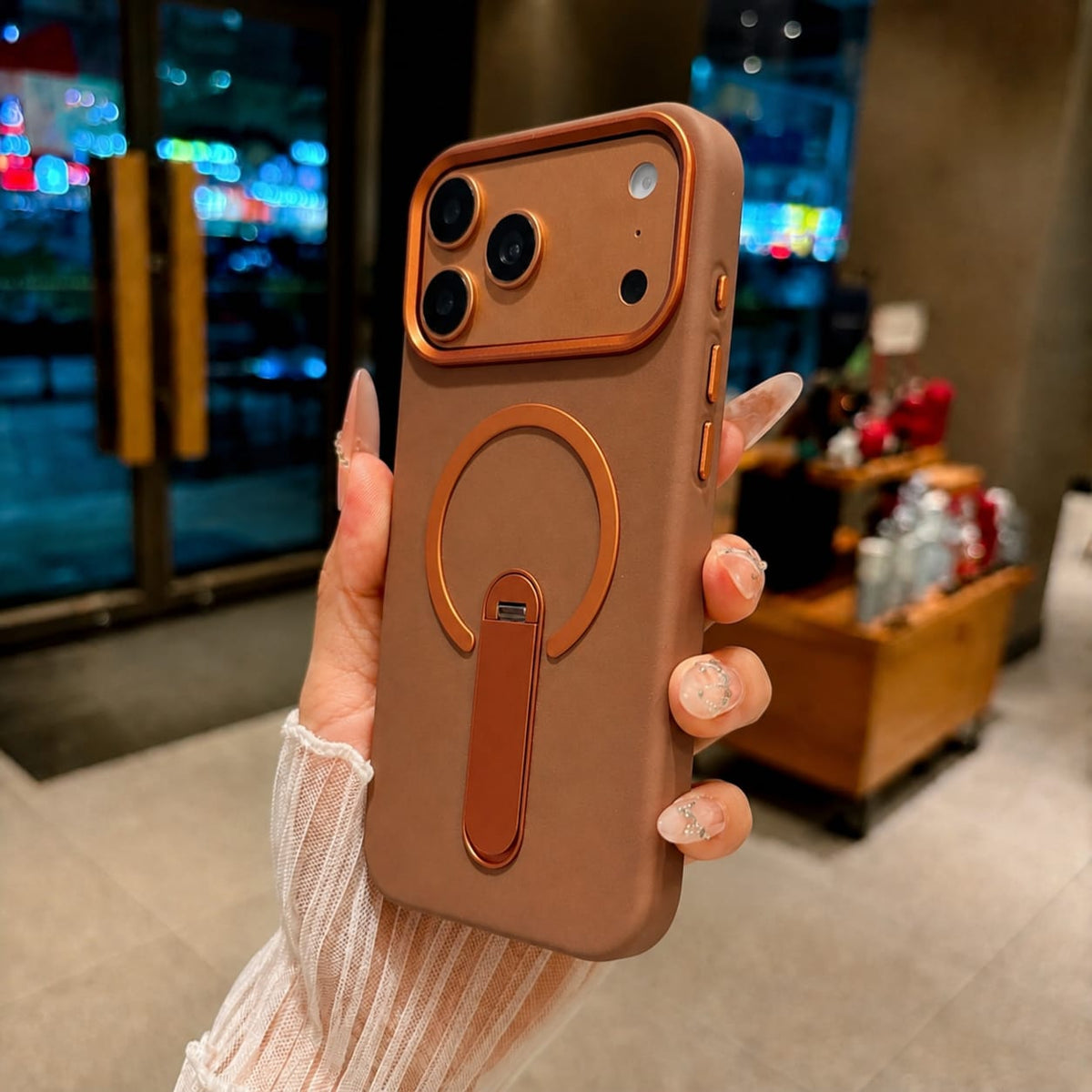 Premium PU Leather Kickstand Magnetic Case Compatible with IPhone 17 Pro | BROWN