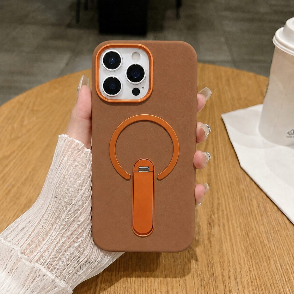 Premium PU Leather Kickstand Magnetic Case Compatible with IPhone 15 Pro | BROWN