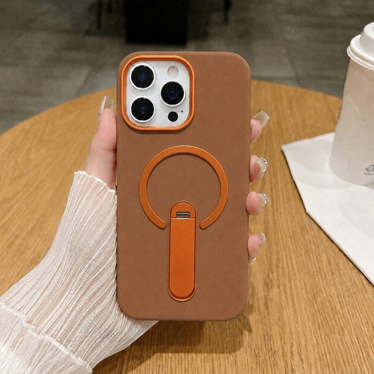 Premium PU Leather Kickstand Magnetic Case Compatible with IPhone 15 Pro | BROWN