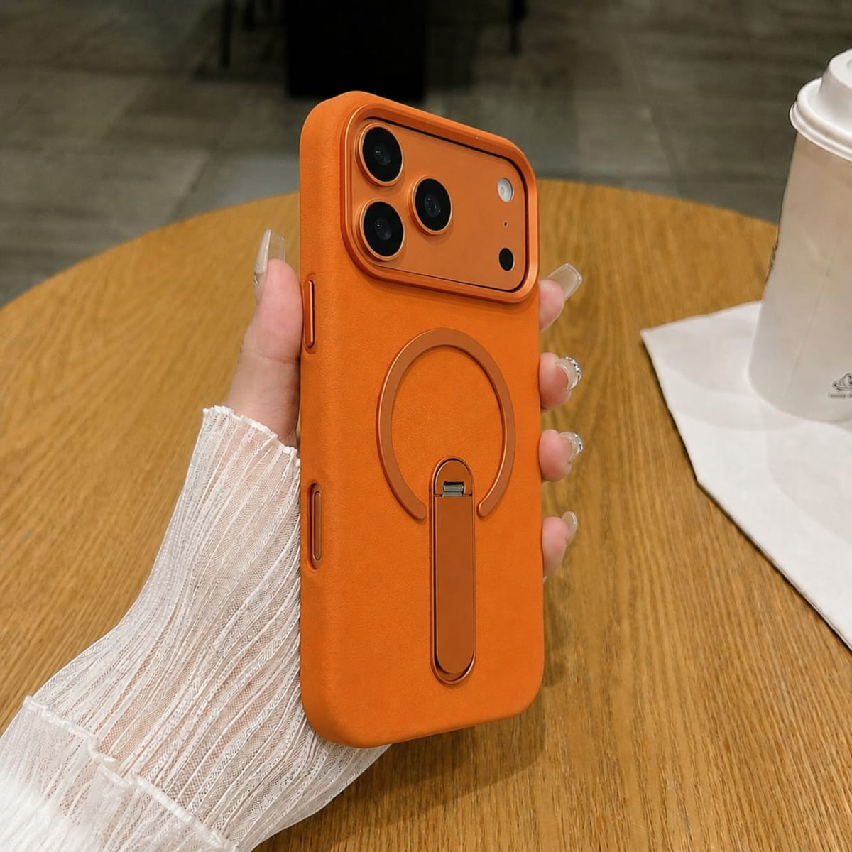 Premium PU Leather Kickstand Magnetic Case Compatible with IPhone 17 Pro Max | ORANGE