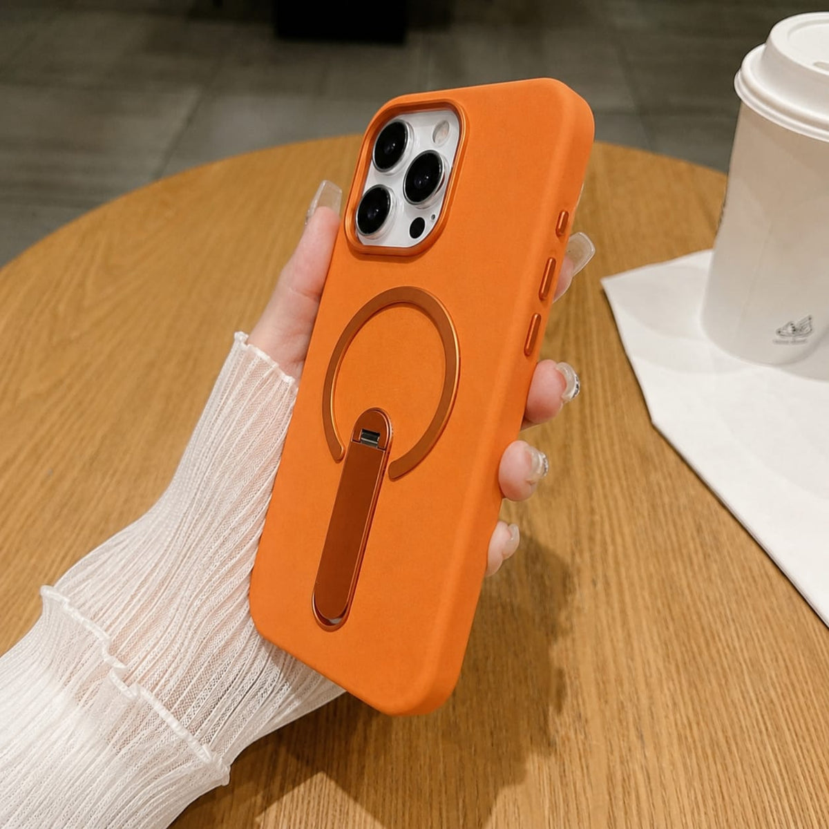 Premium PU Leather Kickstand Magnetic Case Compatible with IPhone 15 Pro | ORANGE