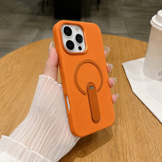 Premium PU Leather Kickstand Magnetic Case Compatible with IPhone 16 Pro | ORANGE
