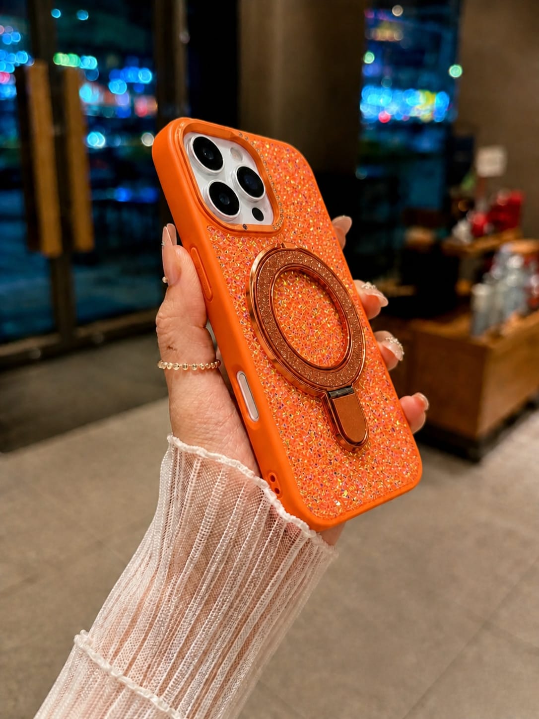Luxury Crystal Magnetic Kickstand Case Compatible with IPhone 15 Pro (ORANGE)