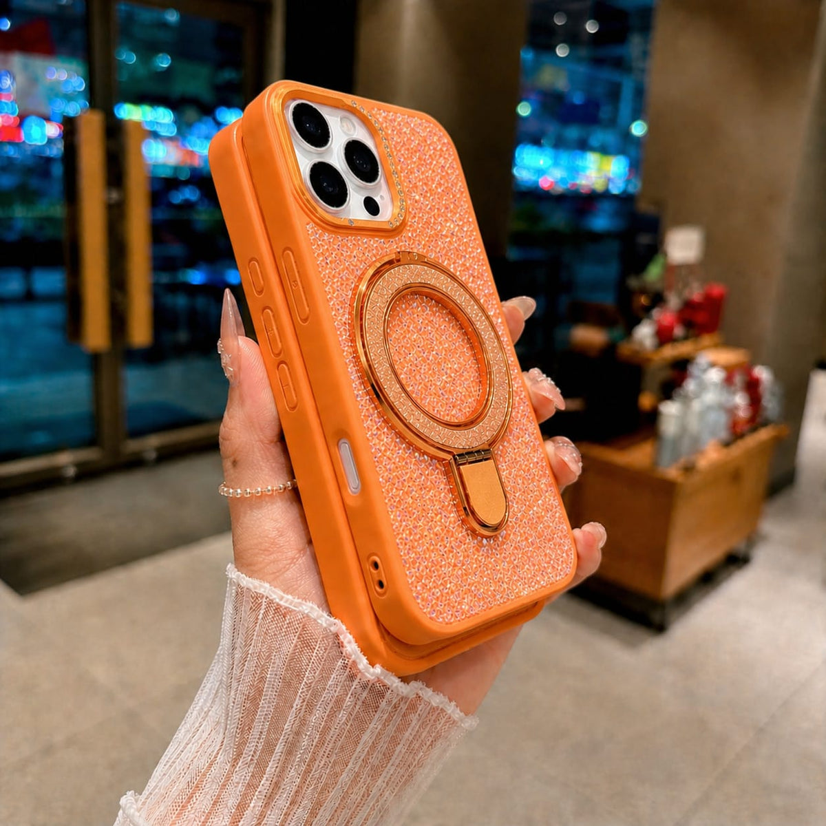 Luxury Crystal Magnetic Kickstand Case Compatible with IPhone 15 Pro Max (ORANGE)