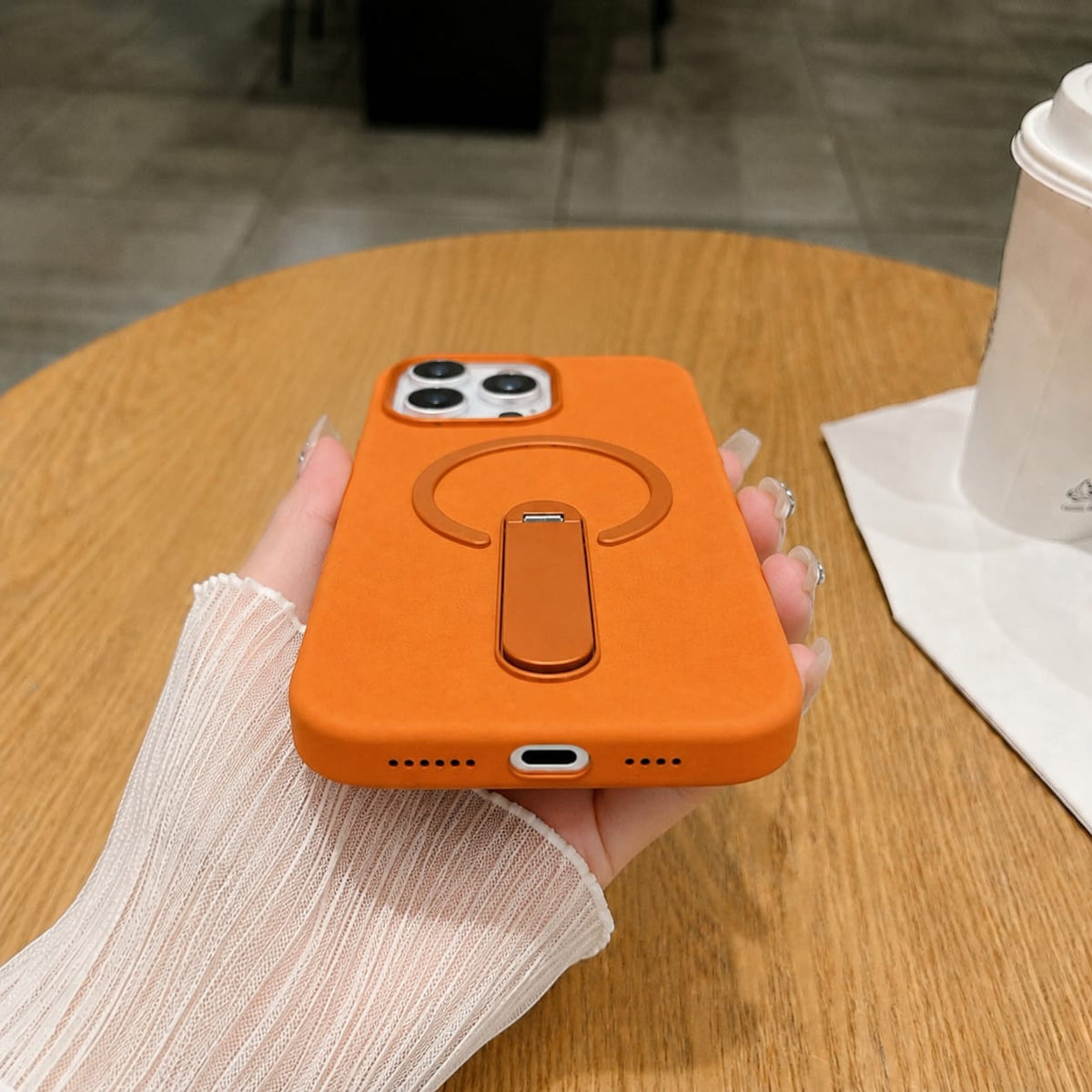 Premium PU Leather Kickstand Magnetic Case Compatible with IPhone 16 Pro | ORANGE