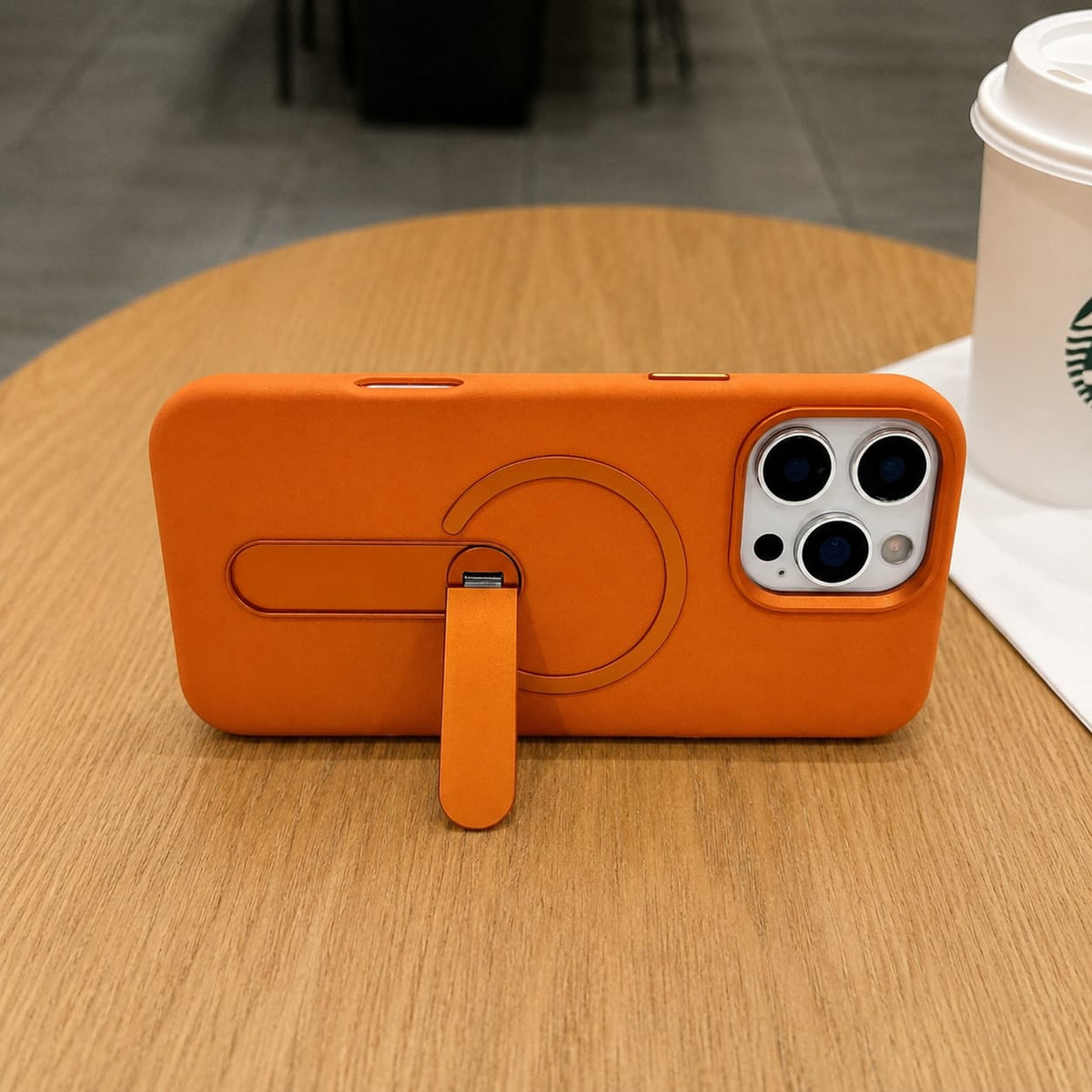 Premium PU Leather Kickstand Magnetic Case Compatible with IPhone 16 Pro Max | ORANGE