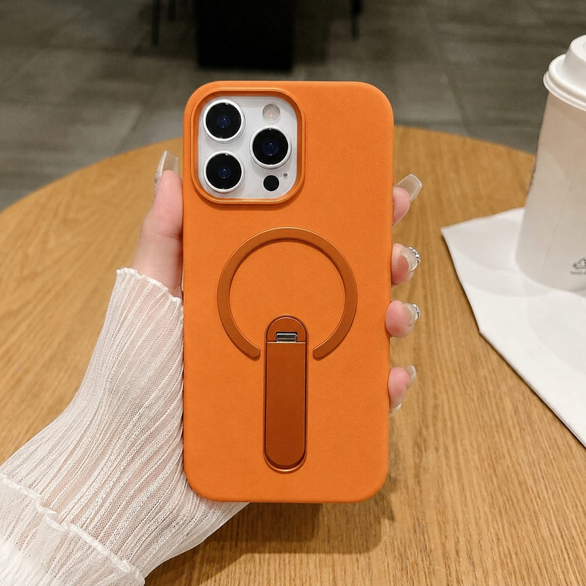Premium PU Leather Kickstand Magnetic Case Compatible with IPhone 15 Pro Max | ORANGE