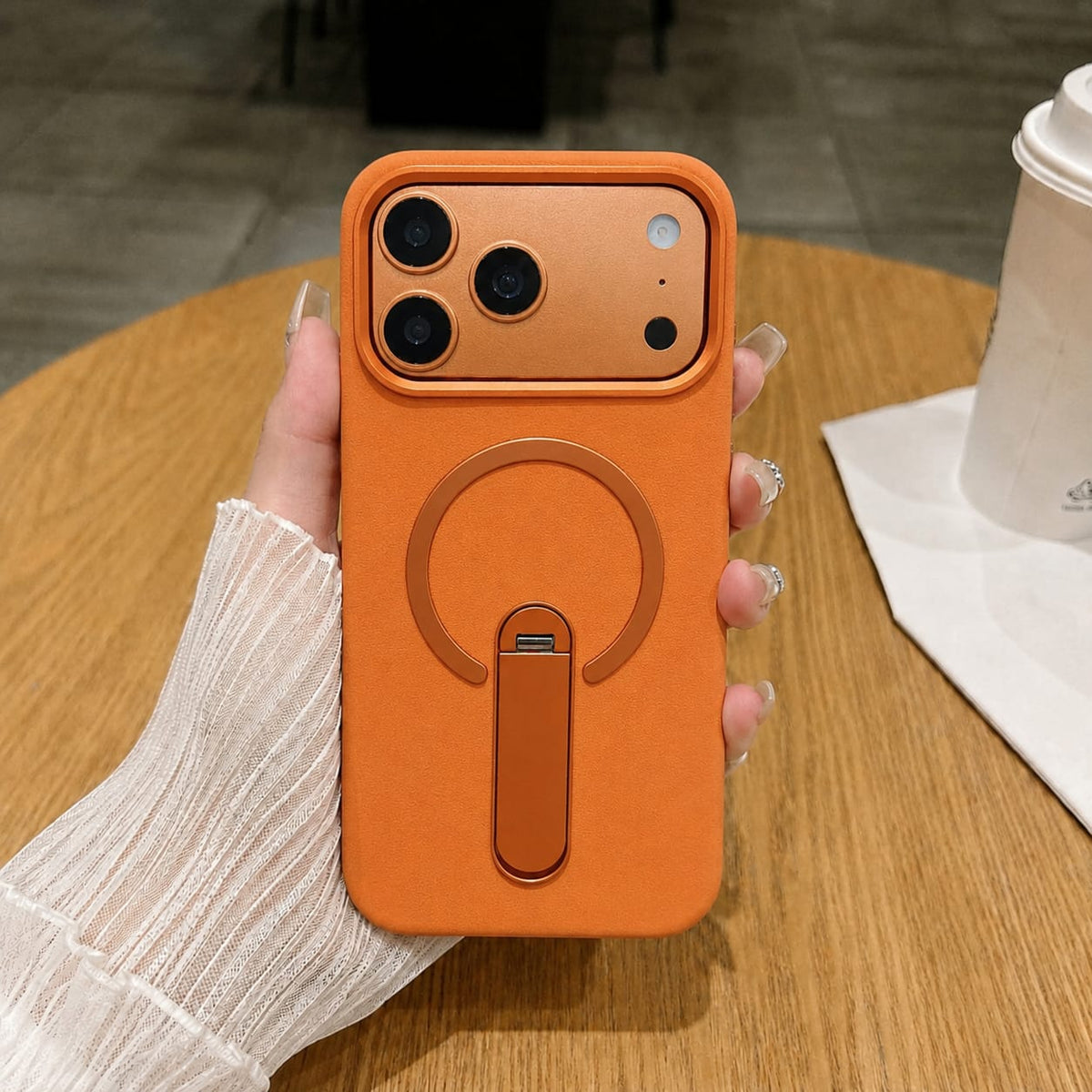 Premium PU Leather Kickstand Magnetic Case Compatible with IPhone 17 Pro Max | ORANGE