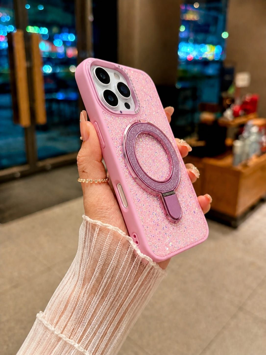 Luxury Crystal Magnetic Kickstand Case Compatible with IPhone 16 Pro (PINK)