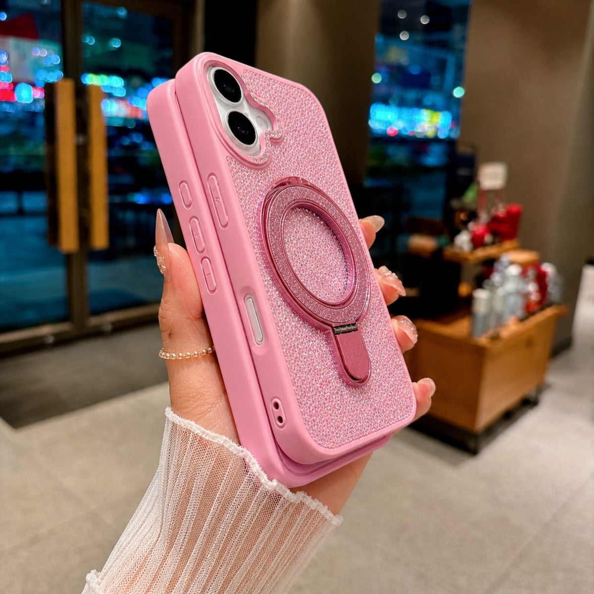 Luxury Crystal Magnetic Kickstand Case Compatible with IPhone 17 (PINK)