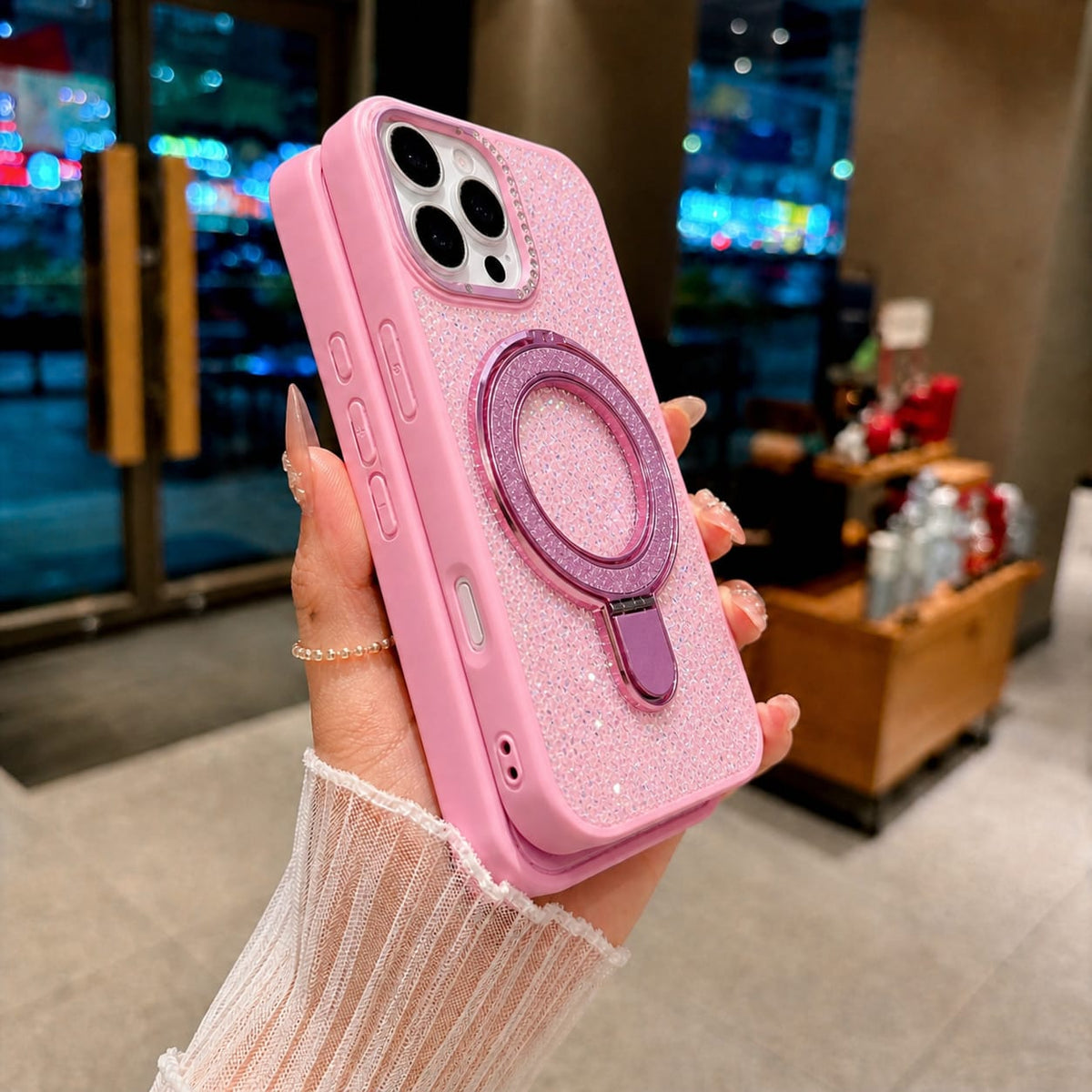 Luxury Crystal Magnetic Kickstand Case Compatible with IPhone 15 Pro (PINK)