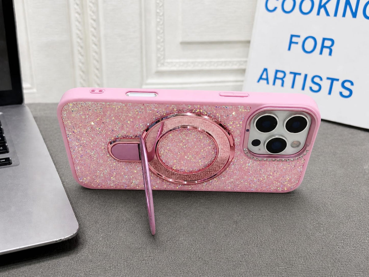 Luxury Crystal Magnetic Kickstand Case Compatible with IPhone 15 Pro Max (PINK)