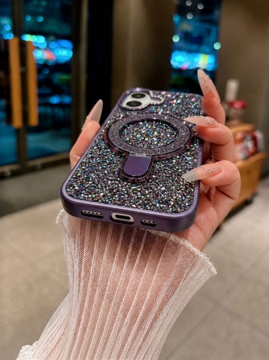 Luxury Crystal Magnetic Kickstand Case Compatible with IPhone 16 (PURPLE)