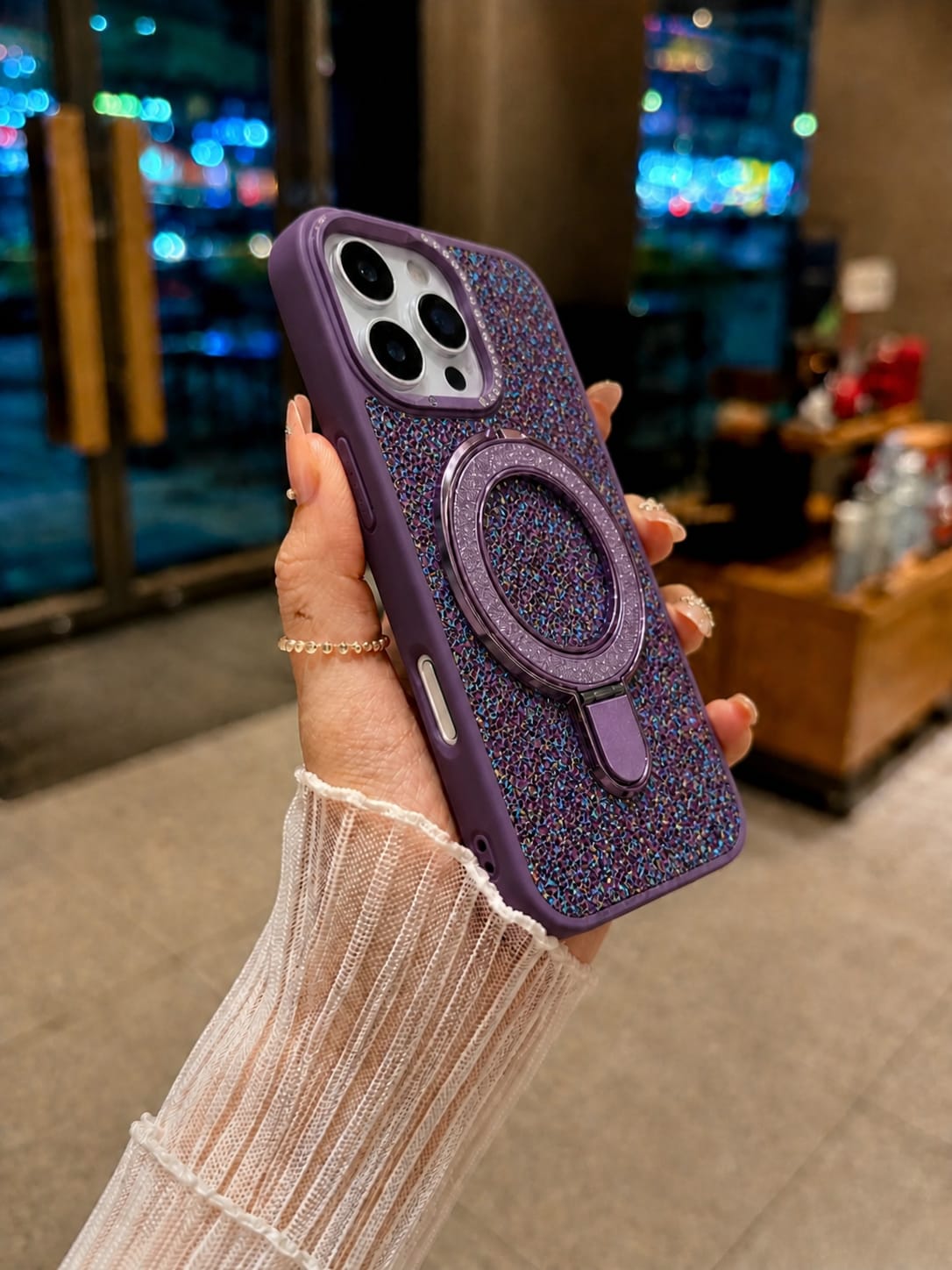 Luxury Crystal Magnetic Kickstand Case Compatible with IPhone 16 Pro (PURPLE)