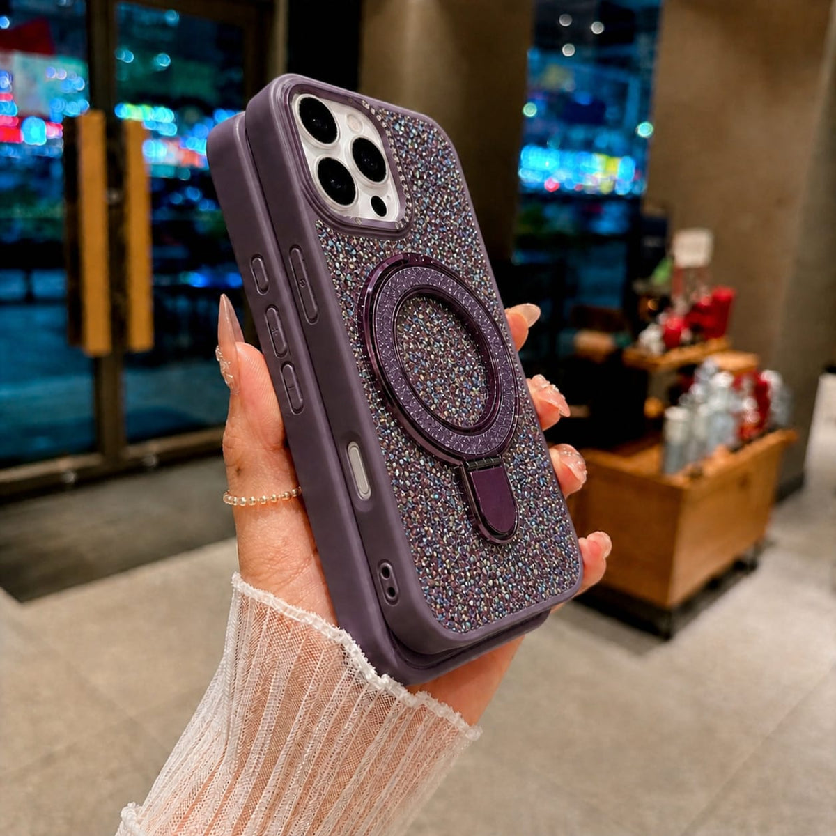Luxury Crystal Magnetic Kickstand Case Compatible with IPhone 16 Pro (PURPLE)