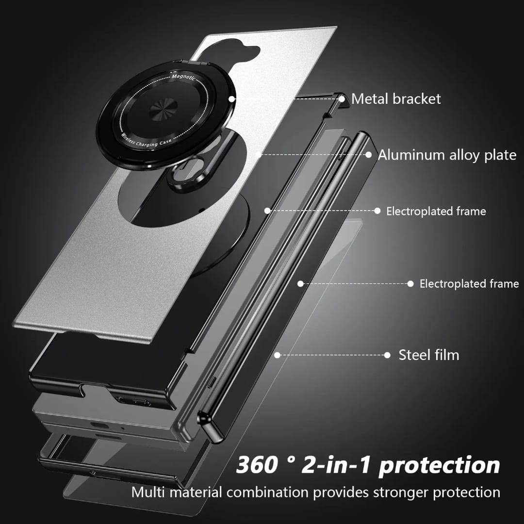 Compatible with Samsung Galaxy Z Fold 7 Magnetic Magsafe Case with 360° Ring Holder & Hinge Protection | SILVER