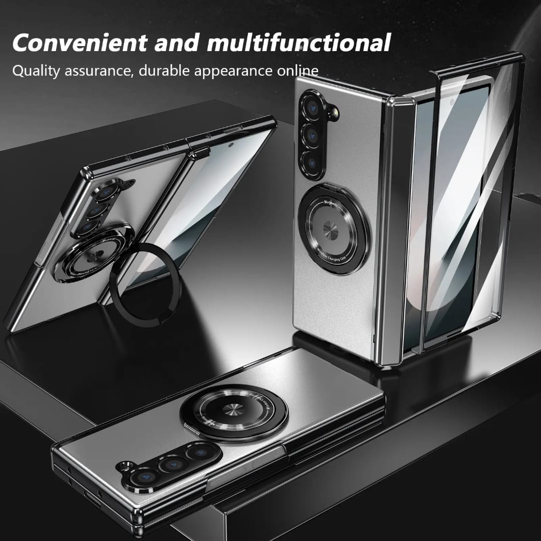 Compatible with Samsung Galaxy Z Fold 6 Magnetic Magsafe Case with 360° Ring Holder & Hinge Protection | SILVER